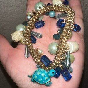 Anthro vibes charm bracelet with sea glass beads and turquoise turtle